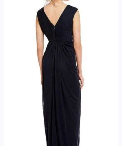 Adrianna Papell - 08G905560 Ruched Bateau Embellished Long Dress - 1 Pc INK In Size 12 Available