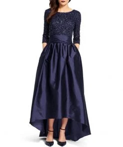 Adrianna Papell 091919630 Sequined High Low Bow Accent Gown - 1 Pc Navy In Size 8 Available