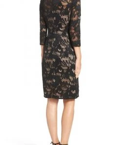 Adrianna Papell - AP1D100050 Quarter Sleeve Floral Lace Illusion Dress - 1 Pc Black/Pale Pink In Size 8 Available