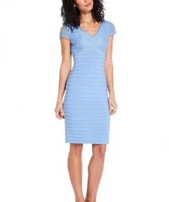 Adrianna Papell - AP1D103085 Lace Applique V-neck Piping Sheath Dress Plus Size Dresses