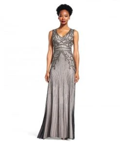 Adrianna Papell AP1E200237 Sleeveless V-Neckline Embellished Long Dress - 1 Pc Platinum In Size 4 Available Formal Gowns