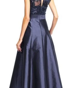 Adrianna Papell - AP1E200402 Lace Illusion Pleated High Low Dress - 1 Pc Navy In Size 14 Available Formal Gowns