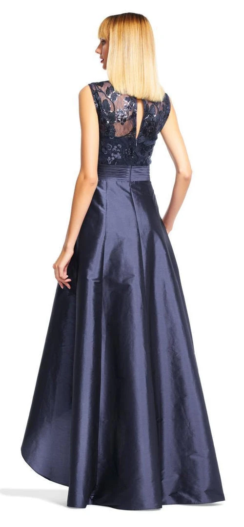 Adrianna Papell - AP1E200402 Lace Illusion Pleated High Low Dress - 1 Pc Navy In Size 14 Available Formal Gowns 4 Adrianna Papell - AP1E200402 Lace Illusion Pleated High Low Dress - 1 Pc Navy In Size 14 Available Formal Gowns