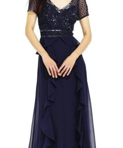 Formal Gowns Adrianna Papell - AP1E201086 Bedazzled V-neck A-line Dress