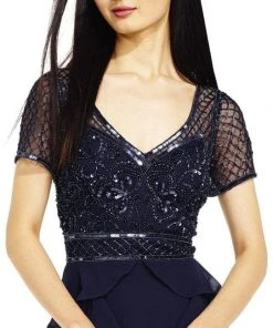 Formal Gowns Adrianna Papell - AP1E201086 Bedazzled V-neck A-line Dress