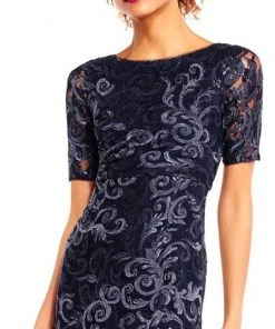 Formal Gowns Adrianna Papell - AP1E201418 Sequin Lace Embroidered Swirl Mesh Dress