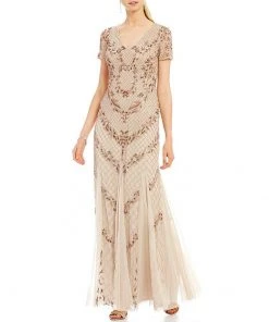 Adrianna Papell - AP1E201532 Short Sleeve Beaded Mermaid Gown Formal Gowns