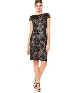 Adrianna Papell - AP1E201934 Embroidered Sequined Bateau Sheath Dress Cocktail Dresses