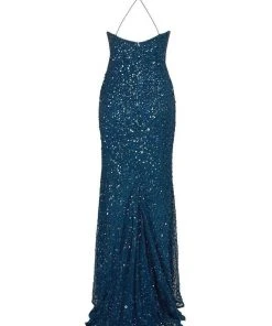 Adrianna Papell - AP1E202438 Crossed String Back Sequined Halter Gown