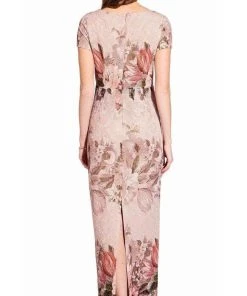 Adrianna Papell - AP1E204795 Floral Short Sleeve Bateau Column Gown Formal Gowns