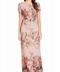 Adrianna Papell - AP1E204795 Floral Short Sleeve Bateau Column Gown Formal Gowns