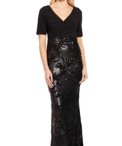 Adrianna Papell - AP1E205644 Crisscross V-Neck Sequined Crepe Dress Formal Gowns