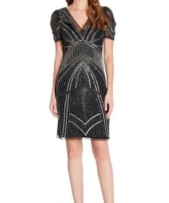 Adrianna Papell - AP1E205816 Short Sleeve Bead-Fringed Sheath Dress