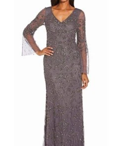 Adrianna Papell - AP1E206204 Embellished V Neck Long Sheath Dress