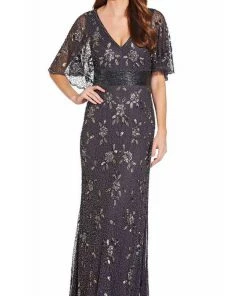 Adrianna Papell - AP1E206208 Long Beaded Cape Sleeve Sheath Dress Formal Gowns