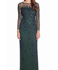 Adrianna Papell - AP1E206544 Illusion Long Sleeve Lattice Ornate Dress Formal Gowns