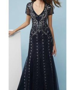 Formal Gowns Adrianna Papell - AP1E207147 Short Sleeve V Neck Beaded Mesh Gown