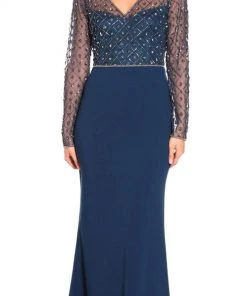 Adrianna Papell - Embellished V-Neck Evening Dress AP1E203730 - 1 Pc Deep Blue In Size 4 Available Formal Gowns
