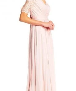 Adrianna Papell - Half Sleeve Pin-Tucked Bodice Long Gown AP1E201417 - 1 Pc Blush In Size 12 Available Formal Gowns