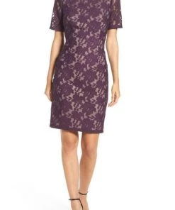 Adrianna Papell - Lace Bateau Sheath Dress AP1D100772 - 1 Pc Plum Wine In Size 8 Available