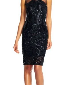 Cocktail Dresses Adrianna Papell Sequined Illusion Bateau Sheath Dress AP1E200464 - 1 Pc Black In Size 14P Available