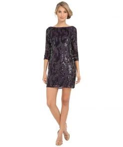 Adrianna Papell - Sequined Quarter Sleeve Dress 41901082