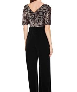 Formal Gowns Adrianna Papell - Sequined V Neck Jumpsuit AP1E206295 - 1 Pc Black Rosegold In Size 2 Available