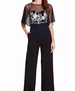 Adrianna Papell - Sheer Overlay Embroidered Jumpsuit AP1E205755 - 1 Pc Black Ivory In Size 20 Available
