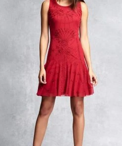 Cocktail Dresses Aidan Mattox - 54473380 Embroidered Mesh Sleeveless Drop Waist Short Dress - 1 Pc Garnet In Sizes 8 Available