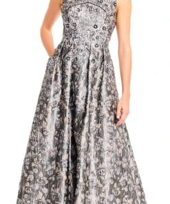 Aidan Mattox - Bedazzled Jewel Brocade Pleated Evening Gown MD1E201399 - 1 Pc Silver Grey In Size 0 Available Formal Gowns