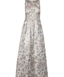 Aidan Mattox - Bedazzled Jewel Brocade Pleated Evening Gown MD1E201399 - 1 Pc Silver Grey In Size 0 Available Formal Gowns