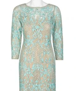 Cocktail Dresses Aidan Mattox - MD1E200660 Embellished Lace Long Sleeve Sheath Dress