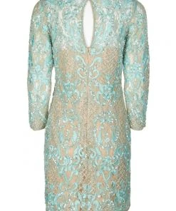 Cocktail Dresses Aidan Mattox - MD1E200660 Embellished Lace Long Sleeve Sheath Dress