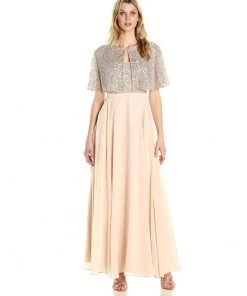 Aidan Mattox - MD1E201185 Embellished Caped Scoop Neck A-Line Gown