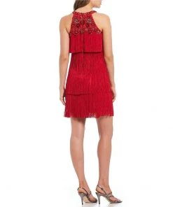 Aidan Mattox - MD1E202713 Embellished Halter Tiered Tassel Dress Cocktail Dresses