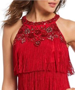 Aidan Mattox - MD1E202713 Embellished Halter Tiered Tassel Dress Cocktail Dresses