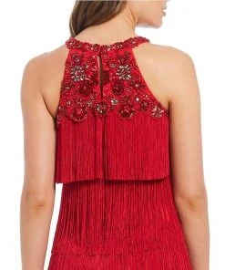 Aidan Mattox - MD1E202713 Embellished Halter Tiered Tassel Dress Cocktail Dresses