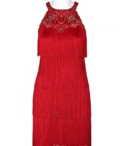 Aidan Mattox - MD1E202713 Embellished Halter Tiered Tassel Dress Cocktail Dresses