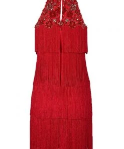 Aidan Mattox - MD1E202713 Embellished Halter Tiered Tassel Dress Cocktail Dresses