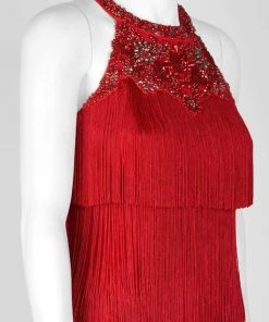 Aidan Mattox - MD1E202713 Embellished Halter Tiered Tassel Dress Cocktail Dresses