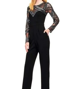 Long Dresses Aidan Mattox - MD1E204888 Bedazzled Long Sleeves Jewel Neck Jumpsuit