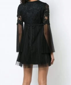 Aidan Mattox - MN1E202454 Floral Lace Long Sleeve Pleated A-line Dress Cocktail Dresses