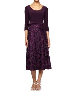 Alex Evenings - 1121875 Quarter Sleeve Jersey Lace Tea Length Dress