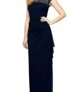 Alex Evenings - 112388 Scalloped Jewel Neck Cap Sleeve Long Dress - 1 Pc Navy In Size 12 Available Formal Gowns