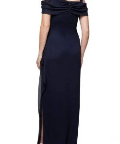 Formal Gowns Alex Evenings - Draped Cold Shoulder Evening Dress 232902 - 1 Pc Navy In Size 14P And 1 Pc Wine In Size 16P Available