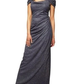 Alex Evenings - Draped Glitter Sheath Evening Dress 233026 - 1 Pc Smoke In Size 14P Available Formal Gowns