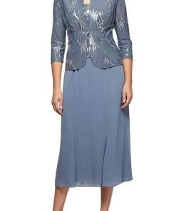 Cocktail Dresses Alex Evenings - Metallic Sequined Tea Length Set 1962675 - 1 Pc Steel Blue In Size 14 Available