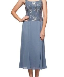 Cocktail Dresses Alex Evenings - Metallic Sequined Tea Length Set 1962675 - 1 Pc Steel Blue In Size 14 Available