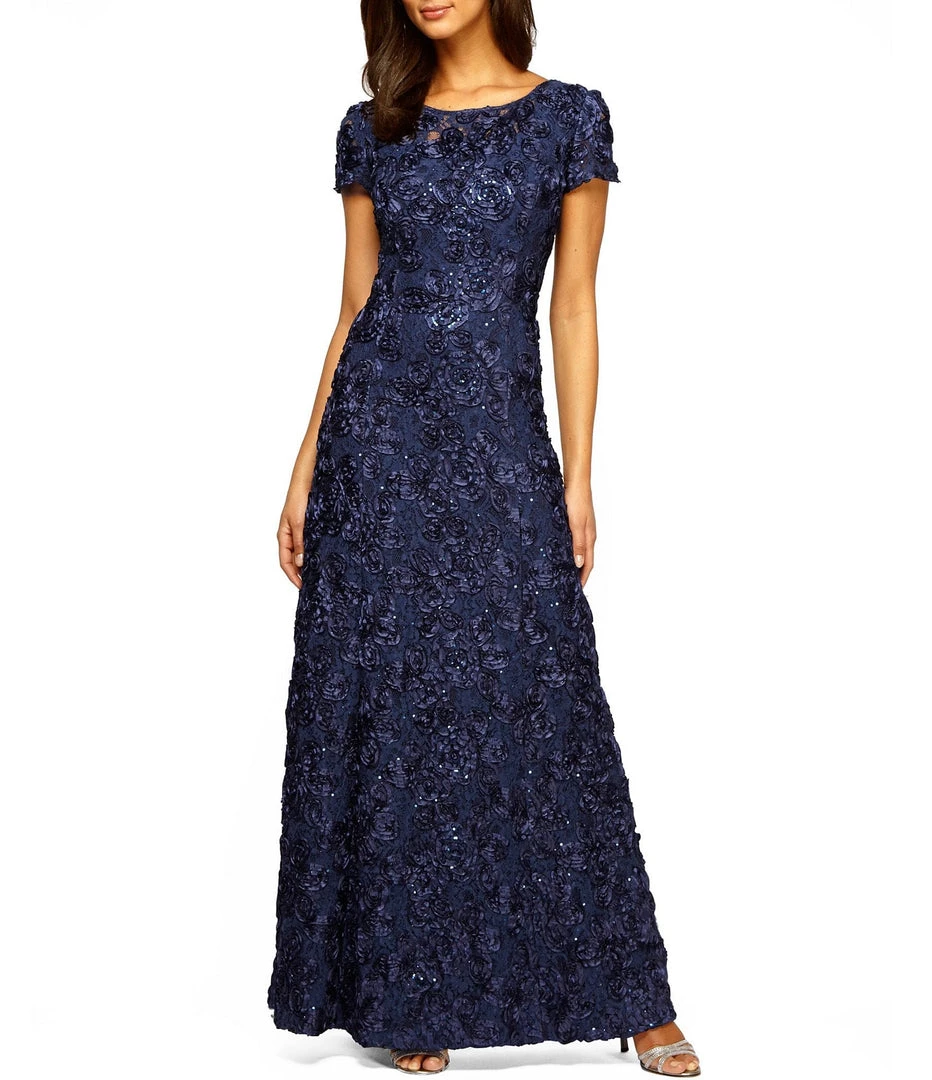 Alex Evenings - Rosette Lace Sequin Short Sleeve A-Line Gown 212788 - 1 Pc Navy In Size 12P Available Formal Gowns 3 Alex Evenings - Rosette Lace Sequin Short Sleeve A-Line Gown 212788 - 1 Pc Navy In Size 12P Available Formal Gowns