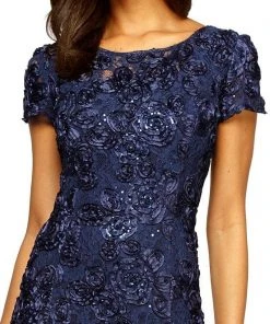 Alex Evenings - Rosette Lace Sequin Short Sleeve A-Line Gown 212788 - 1 Pc Navy In Size 12P Available Formal Gowns 7 Alex Evenings - Rosette Lace Sequin Short Sleeve A-Line Gown 212788 - 1 Pc Navy In Size 12P Available Formal Gowns